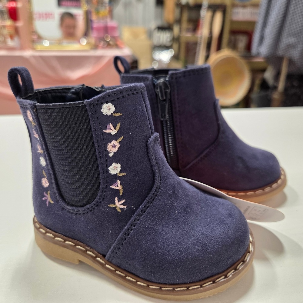 Wonder Nation Navy Blue Faux Suede Floral Embroidered Ankle Boots Kids Size 3